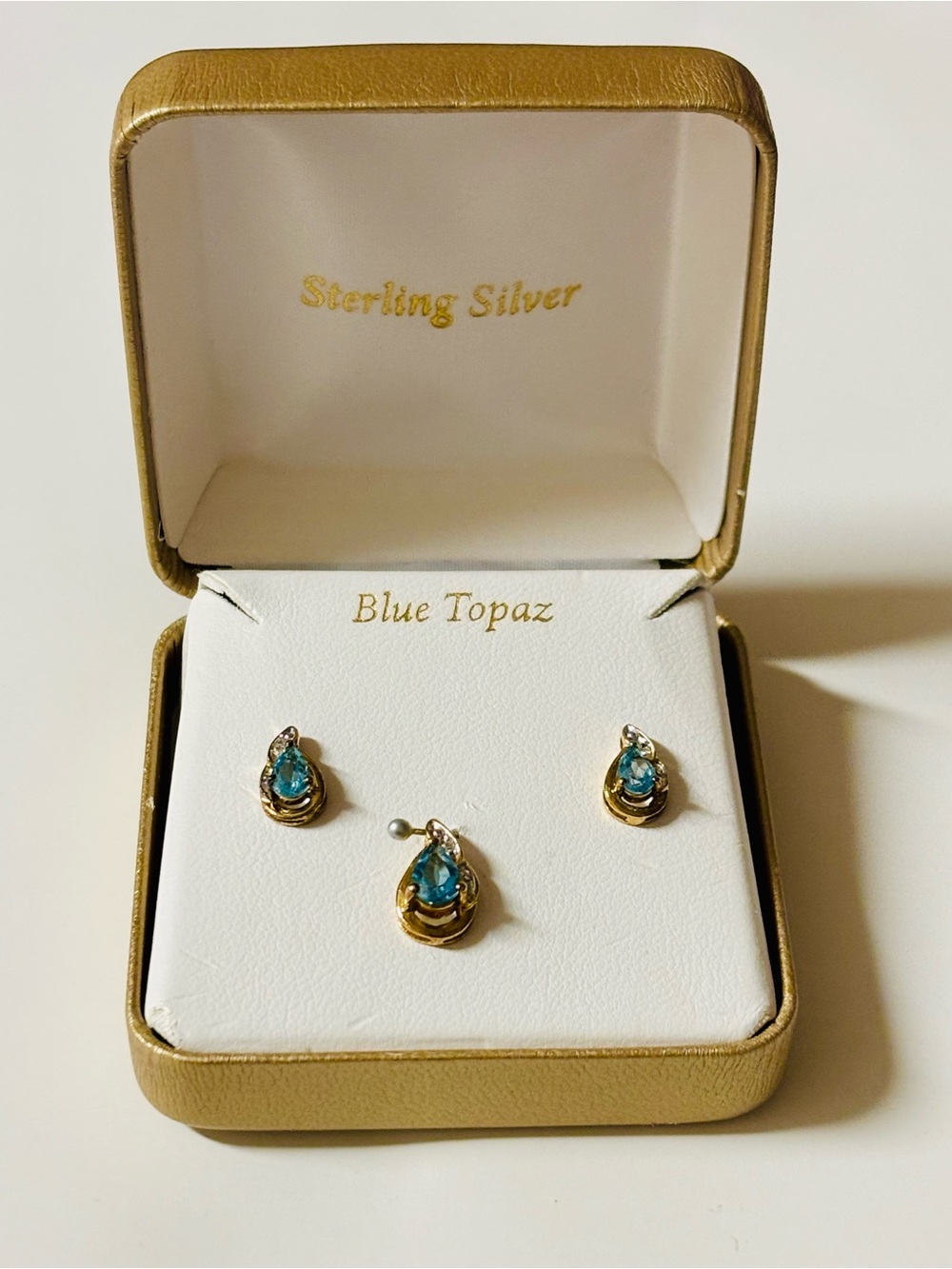 Sterling Silver/Gold finish, Blue Topaz Teardrop & Crystal Jewelry Set —no chain